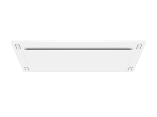 White VICTORY Sunset flush ceiling mount range hood featuring a matte powder-coat finish, four corner LED lights, and a perimeter suction panel for a seamless kitchen design.