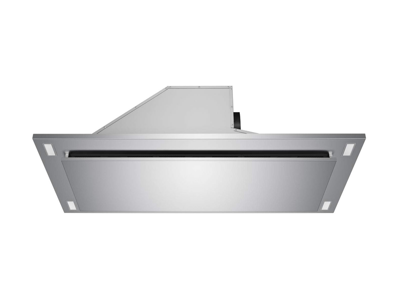 Internal view of the Victory Sunset showing an interchangeable side exhaust outlet, stainless steel perimeter suction panel, and integrated corner LED lights.