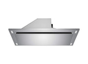 Angled view of the VICTORY Sunset stainless steel ceiling exhaust showing the internal blower housing and side vent