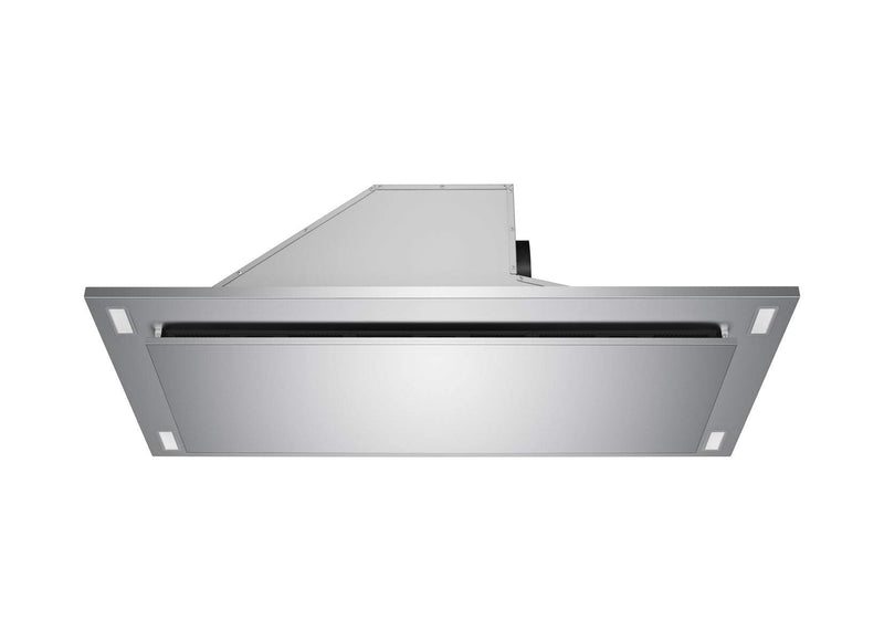 Angled view of the VICTORY Sunset stainless steel ceiling exhaust showing the internal blower housing and side vent