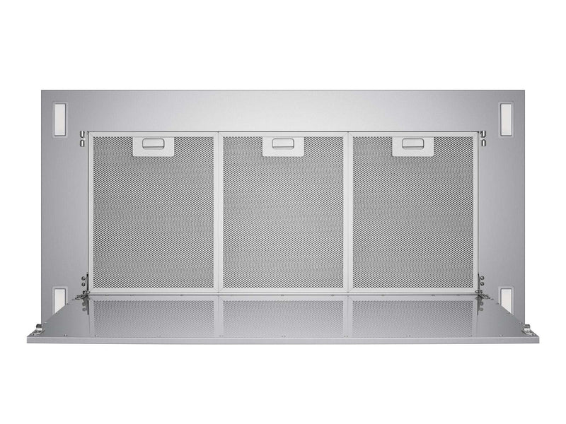 Open stainless steel panel on the VICTORY Sunset revealing three washable aluminum mesh filters and LED lights