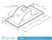 Dimensional diagram of the VICTORY Sunset ceiling ventilation unit showing installation and cutout measurements