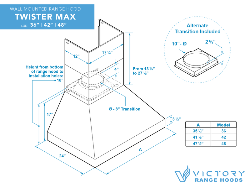 36 Inch 1200 CFM Wall Mount Range Hood - VICTORY TwisterMAX