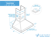 Twister dimensional diagram showing adjustable chimney height from 17 to 30 inches and optional 8 inch duct transition