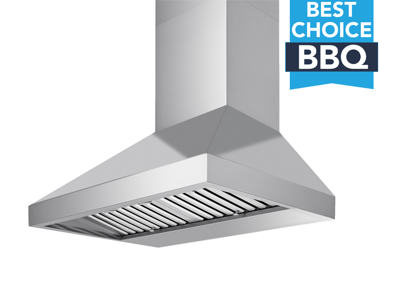 Front view of a stainless steel 36-inch outdoor range hood featuring heavy-duty baffle filters and a Best Choice BBQ badge