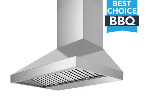 Front view of a stainless steel 36-inch outdoor range hood featuring heavy-duty baffle filters and a Best Choice BBQ badge