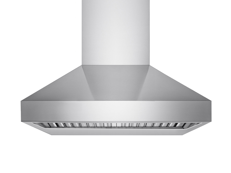 Symmetry view of the 36-inch VICTORY Twister outdoor range hood highlighting the brushed stainless steel finish and deep-set baffle filters