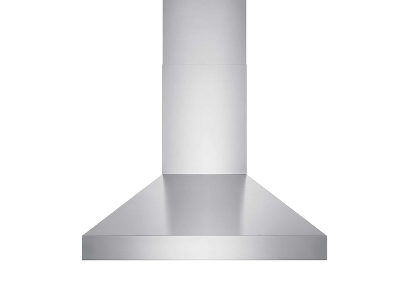 Front exterior view of VICTORY Twister hood showing stainless steel chimney, smooth canopy surface, and clean wall-mount profile