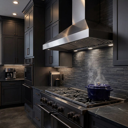 Twister Max 42 kitchen range hood above a black gas cooktop in a modern dark kitchen.