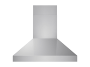 Front exterior view of stainless steel island range hood showing chimney and smooth canopy surface for ceiling-mounted kitchen installation