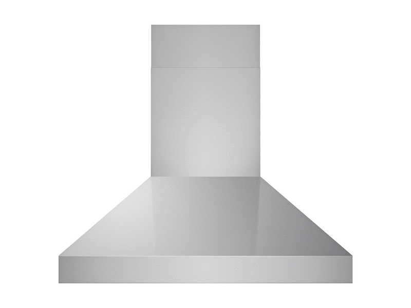 Front exterior view of stainless steel island range hood showing chimney and smooth canopy surface for ceiling-mounted kitchen installation