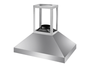 Angled view of 48 Inch Island Range Hood showing internal mounting frame, duct connection opening, and stainless steel canopy structure