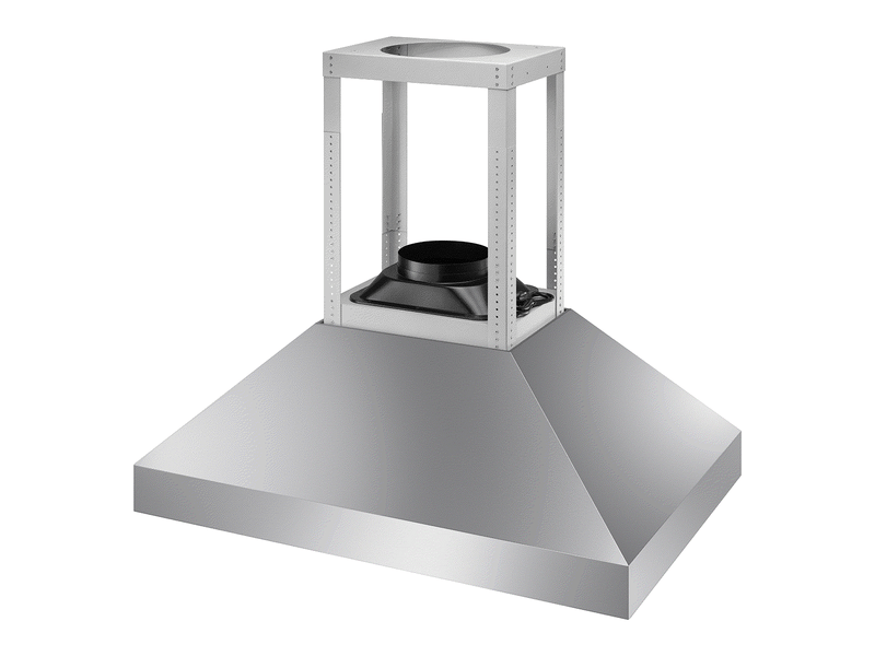 Angled view of 48 Inch Island Range Hood showing internal mounting frame, duct connection opening, and stainless steel canopy structure