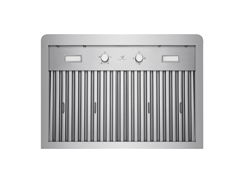 Underside of the 30 Inch 900 CFM Verona range hood showing mechanical rotary dials and stainless baffle filters
