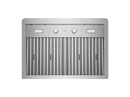 Underside of the 30 Inch 900 CFM Verona range hood showing mechanical rotary dials and stainless baffle filters