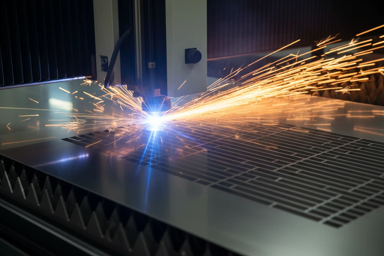 Precision laser cutting sheet metal for custom range hood manufacturing.