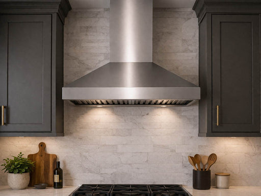 36 Inch Wall Mount Range Hood Victory Twister installed between dark kitchen cabinets above a gas cooktop with stainless chimney, baffle filters, and LED lighting