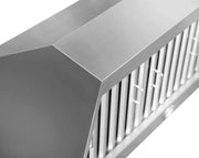 Angled close up of the Victory Prestige outdoor exhaust hood showing 19 gauge stainless steel and baffle filters