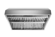 Bottom upward view of Victory Prestige stainless steel baffle filters and grease tunnels built for outdoor grill ventilation